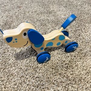 Hape Walk-a-long Wooden Pull Dog Toddler Toy Blue
